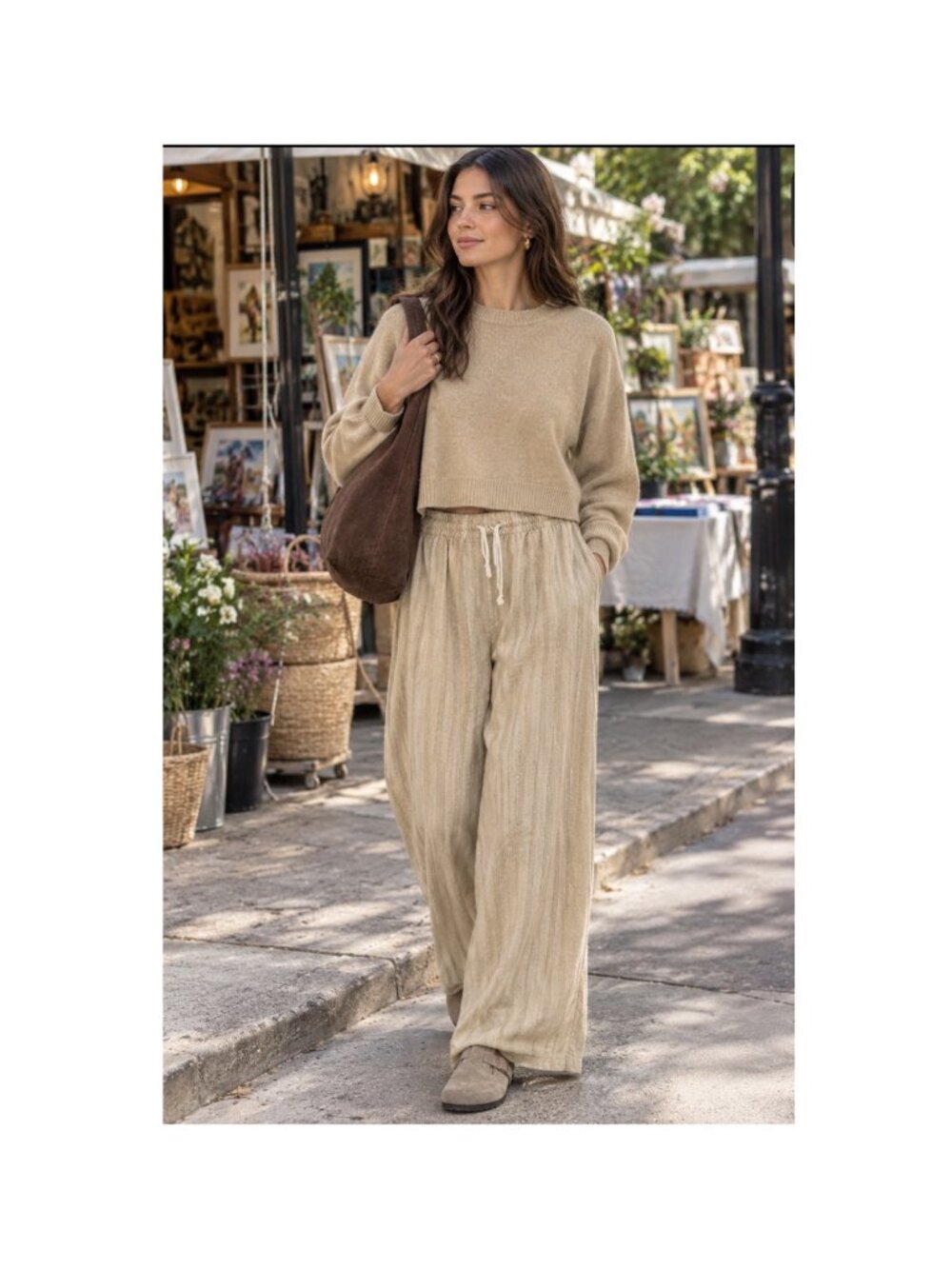 Zara L Beige Pull On Wide Leg Pants Cotton Blend striped Textured Boho Lounge